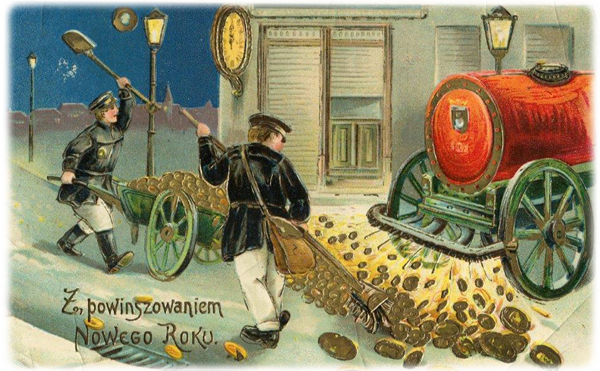 Pocztówka noworoczna - dwaj mężczyźni zamiatają monety przed lokomotywą