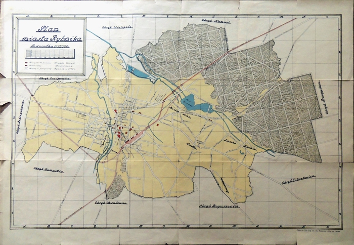 Kolorowy plan miasta Rybnika z lat trzydziestych dwudziestego wieku