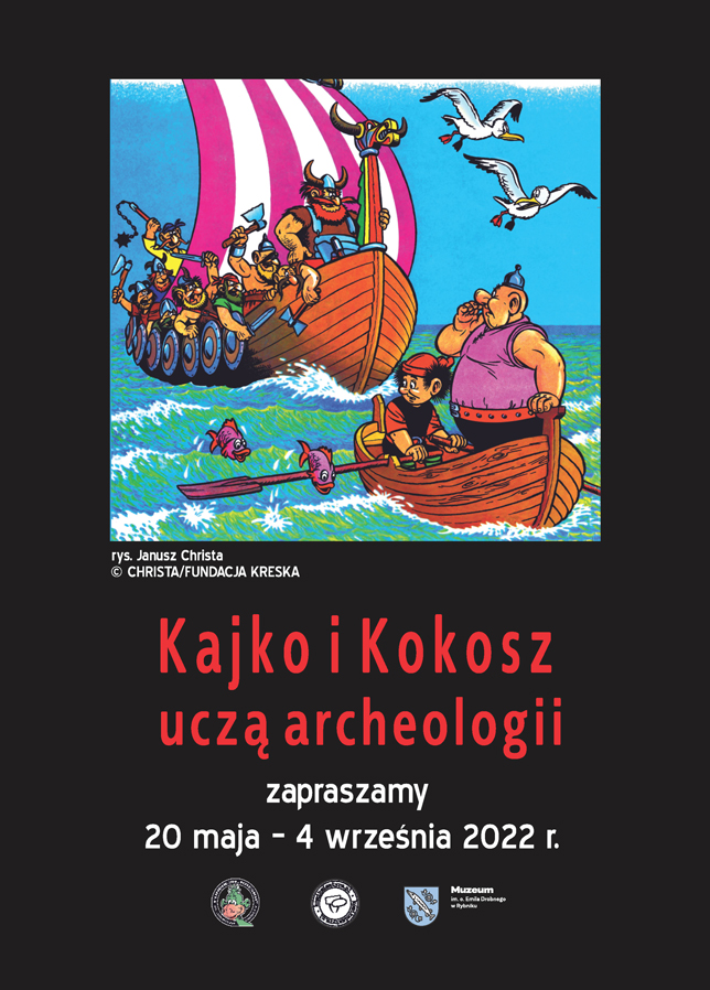 Na czarnym tle kadr z komiksu Kajko i Kokosz na łódce